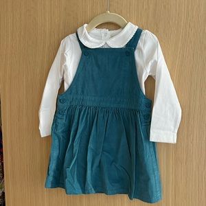 Jojo Maman overall green corduroy dress and l/s white shirt set in size 2/3 yrs